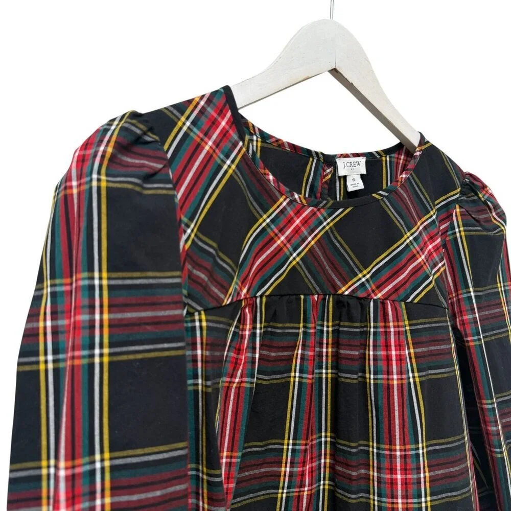 J CREW Plaid Blouse Small Black Red Puff Sleeve Preppy Womens Top Organic Cotton
